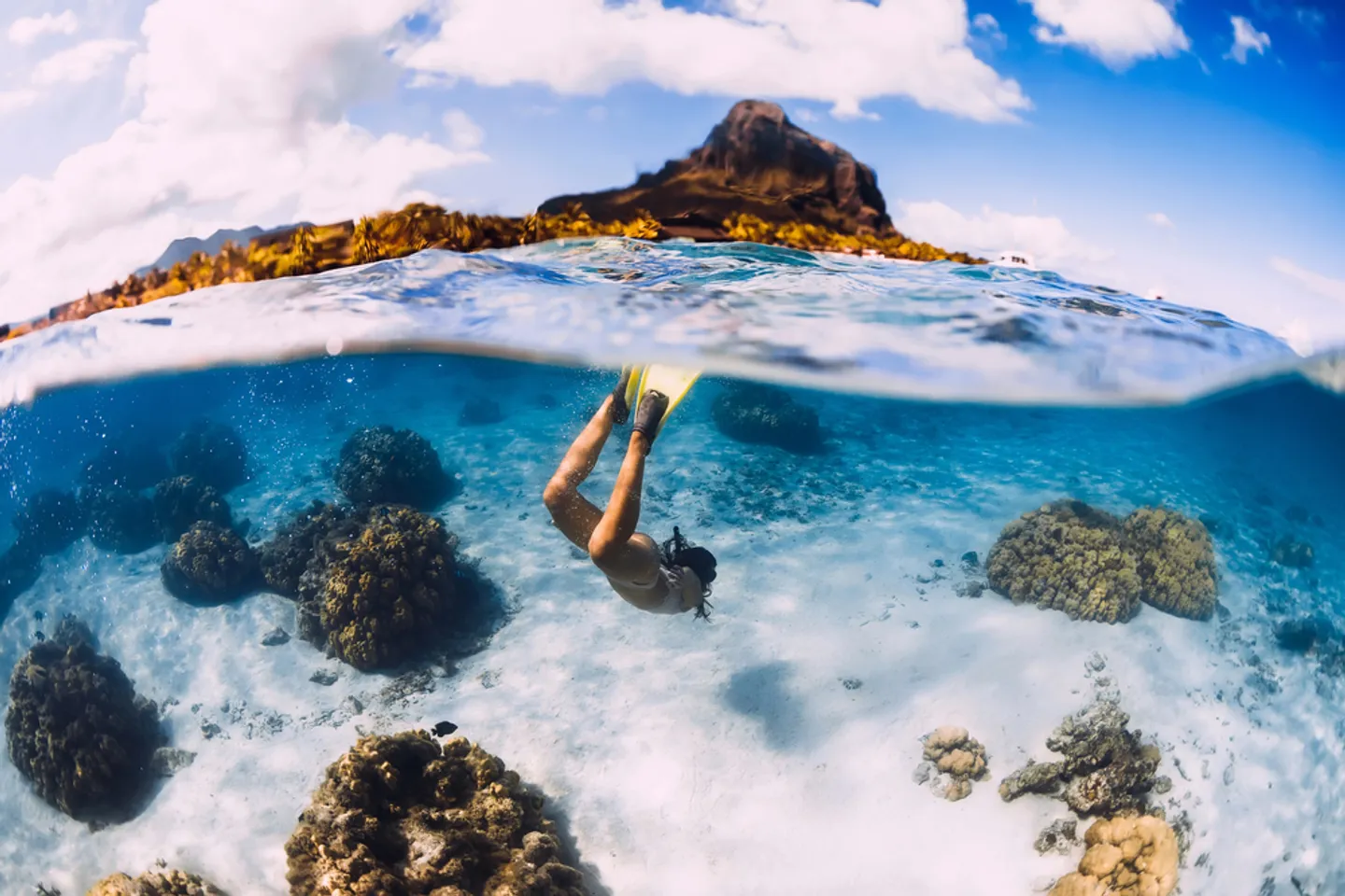 Snorkeler diving over coral reef with Kauai mountain backdrop