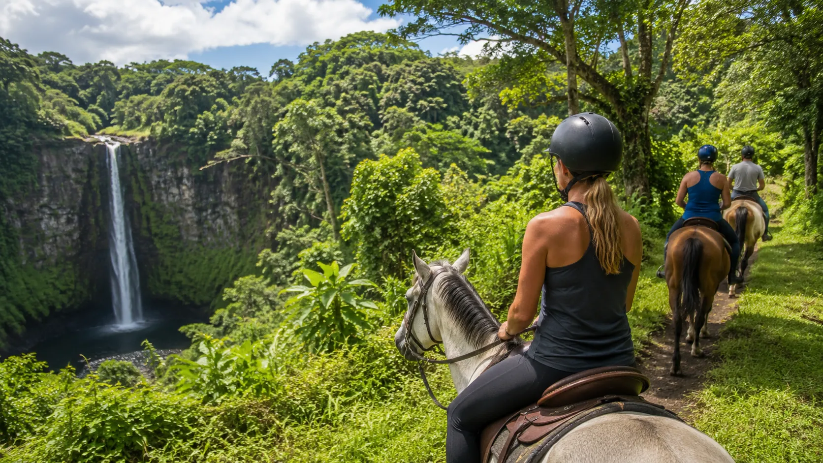 Scenic horseback riding trail on Big Island with waterfall views