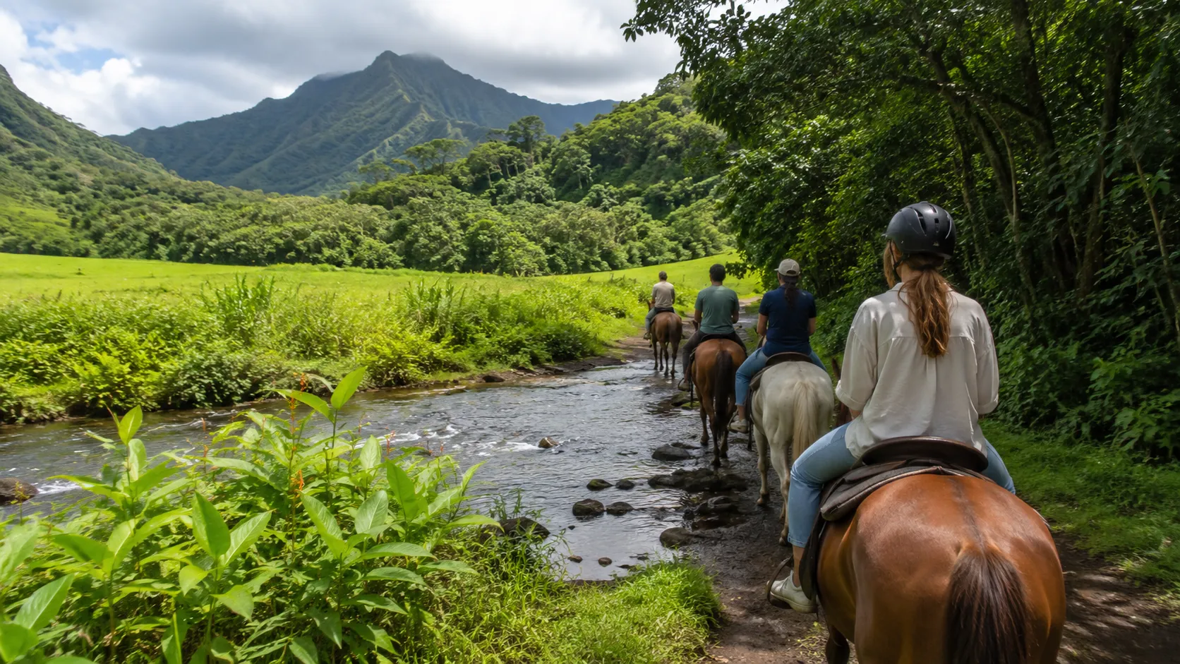 Group of tourists horseback riding through lush Kauai valley