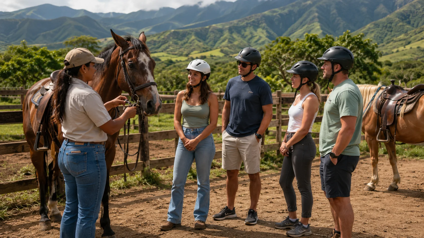 Maui horseback riding instructor teaching guests the basics before a trail ride