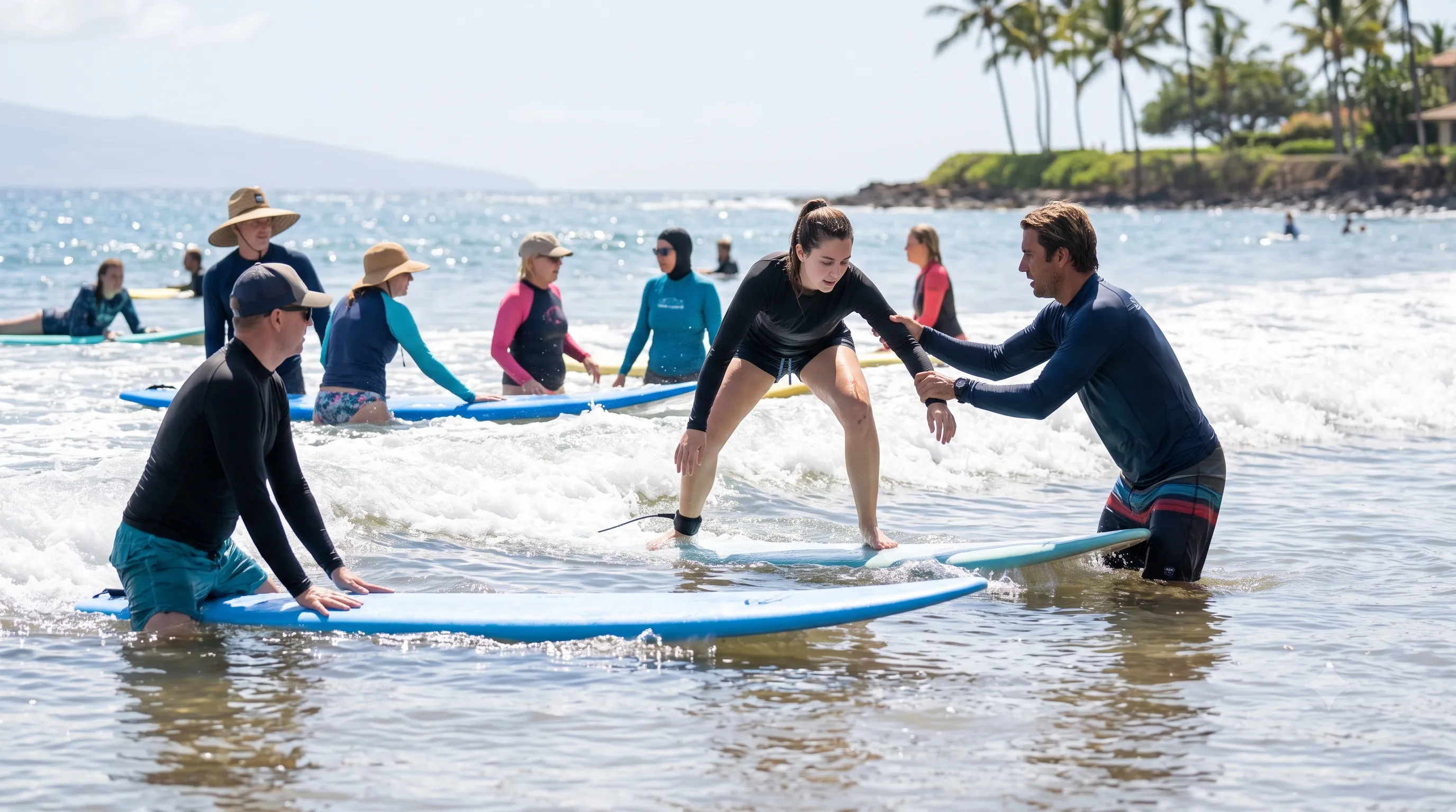 Maui surf lesson - beginner learning to surf with instructor