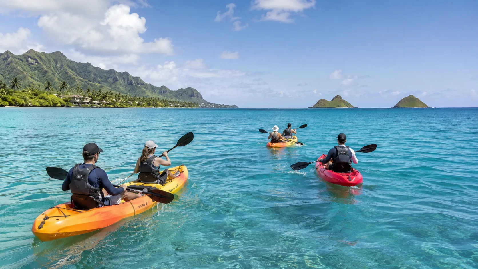 Kayaking in crystal clear turquoise waters of Oahu with Ko'olau mountains in background