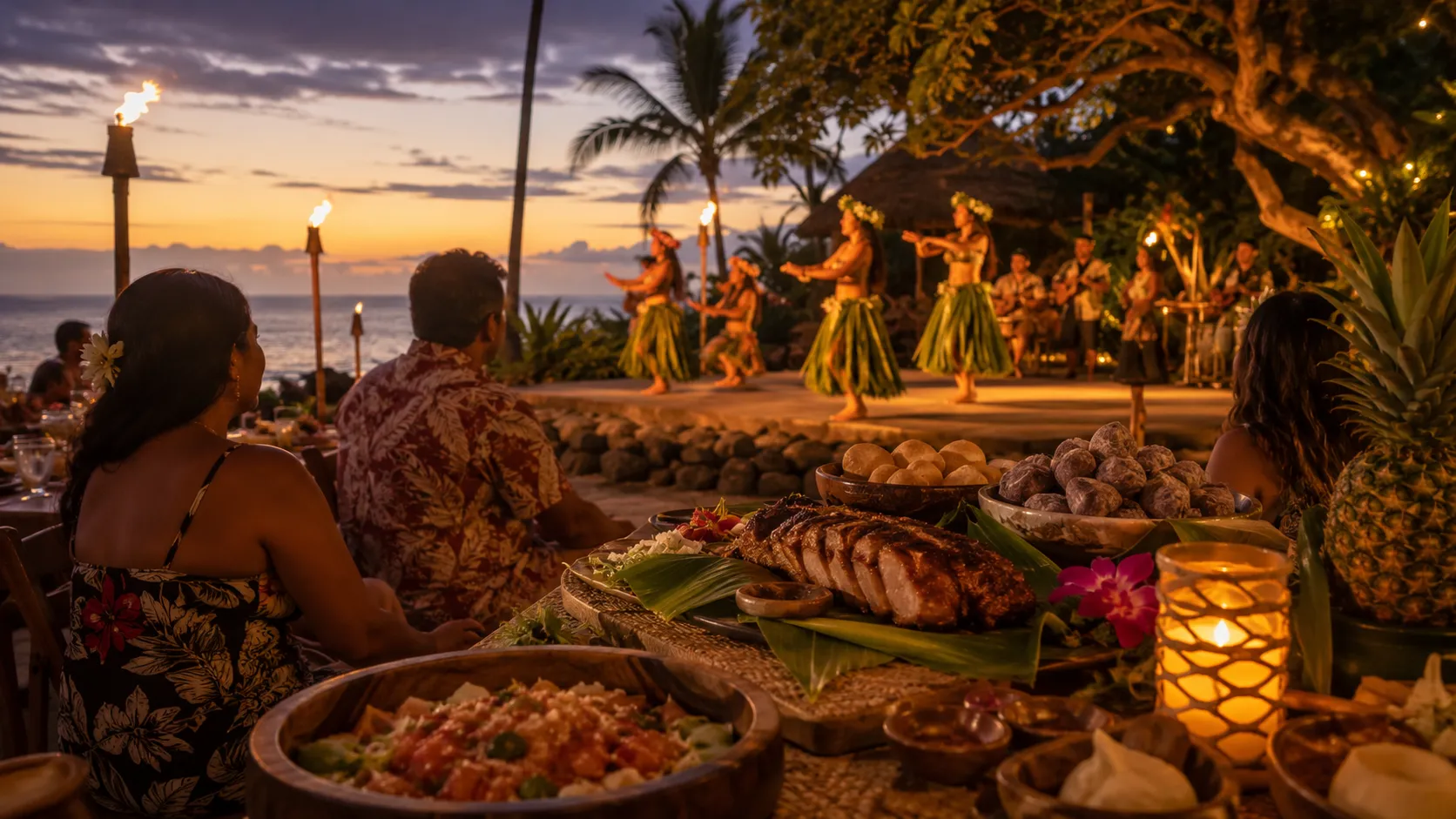 Traditional Hawaiian luau with food and hula performance at sunset