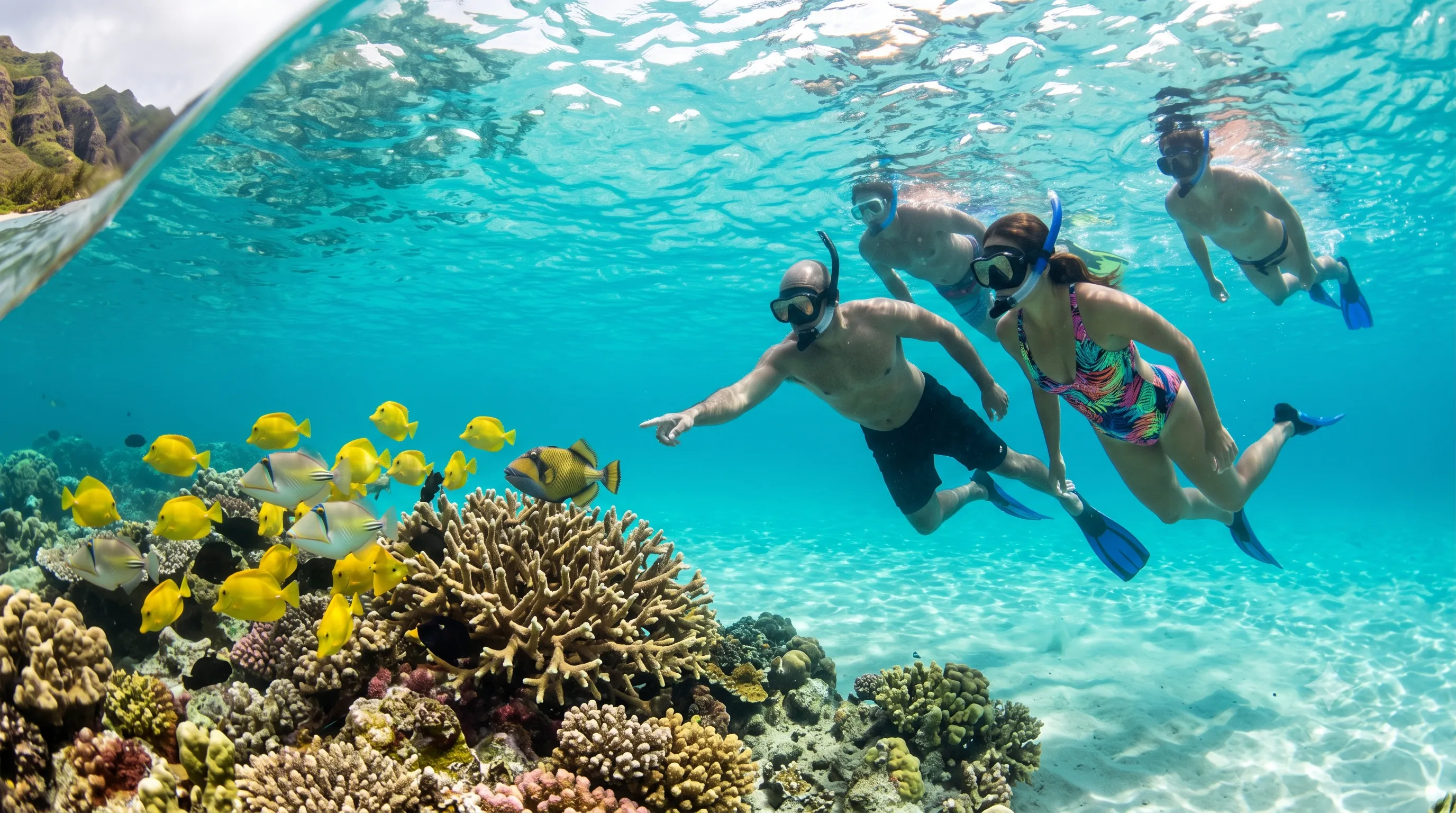 Family snorkeling in crystal clear turquoise waters of Oahu with yellow tang fish and coral reef